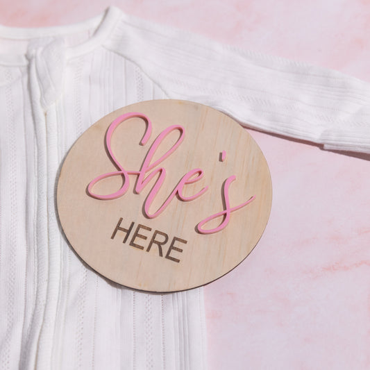 Reversible gender reveal He's Here She's Here Sign